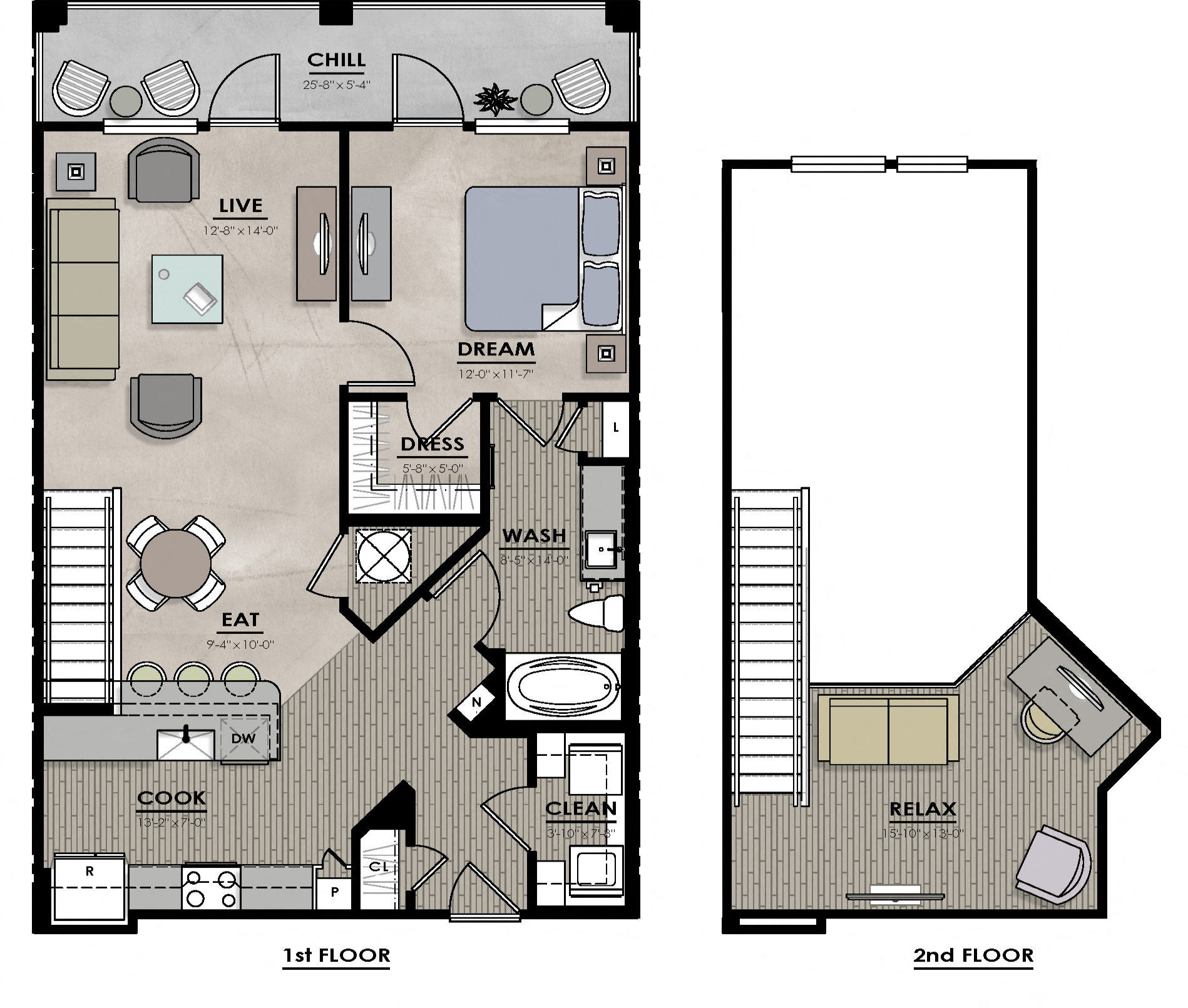 Floor plan for 1 bed, 1 bath, 1078 sqft